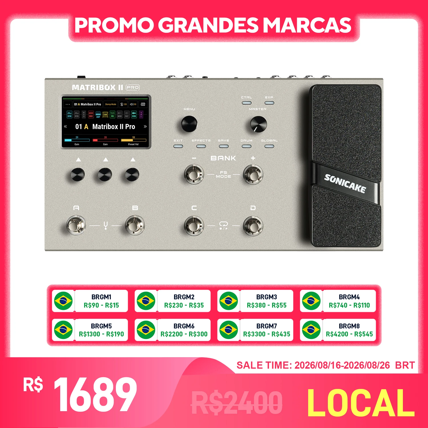 SONICAKE Matribox II Pro Brasil com tela sensível ao toque colorida de 4.3 polegadas, modelagem de amplificador para guitarra e baixo, multi-efeitos IR com pedal de expressão QME-200