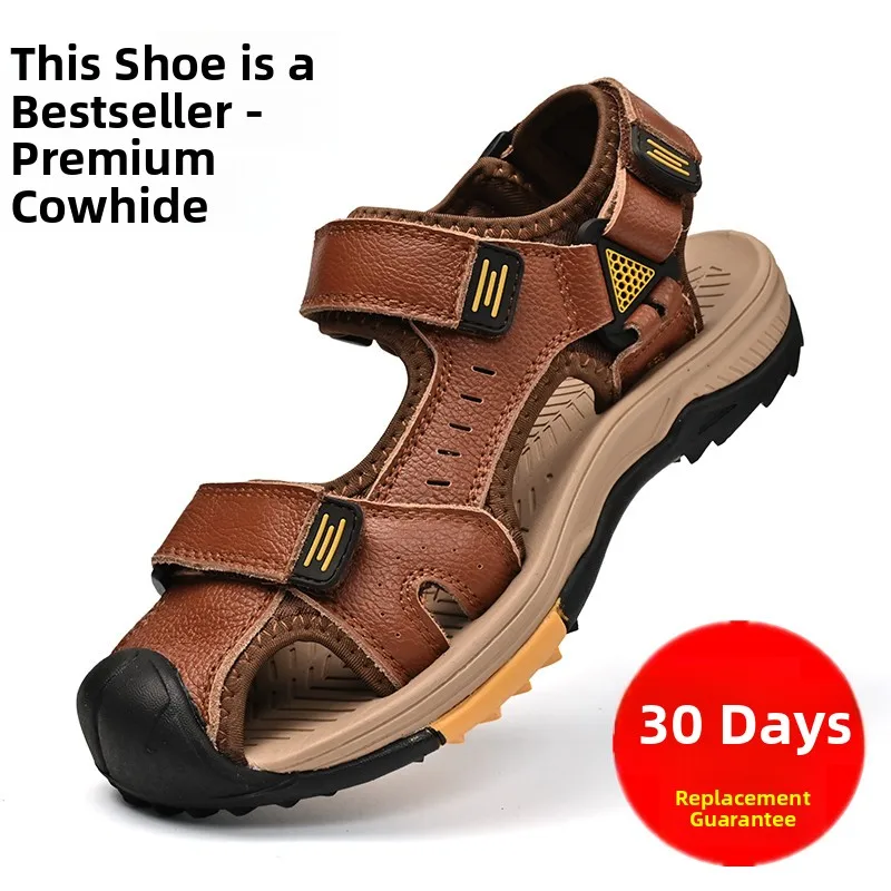 

Кожаные сандалии мужские летние новые дышащие с открытым носком Beach oes из натуральной кожи без шнуровки мужские нескользящие Thi Bot Wading ...