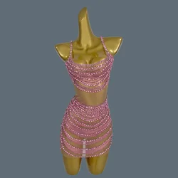 Sparkly Pink Crystals Diamonds Mini Dress Women Luxury Sexy Mesh Party gown Celebrate Evening Prom Birthday Clothing Fanwan