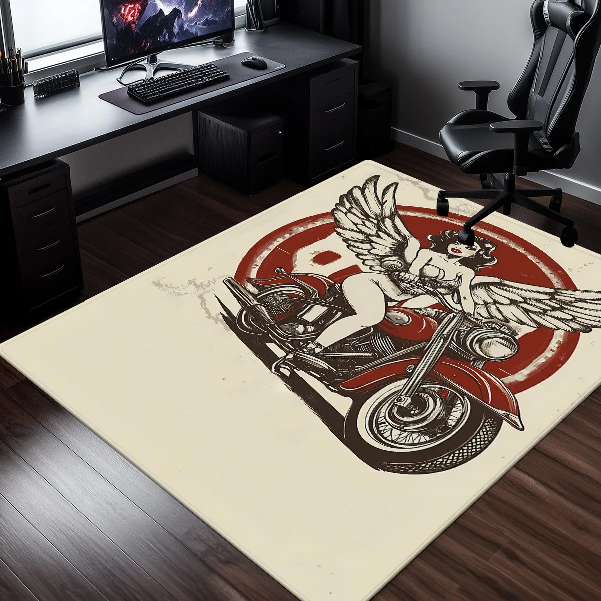 

VINTAGE MOTORCYCLE PINUP RUG WITH WINGS ARTISTIC DESIGN FOR MAN CAVE OR OFFICE CRISTAL VELVET FLOOR MAT