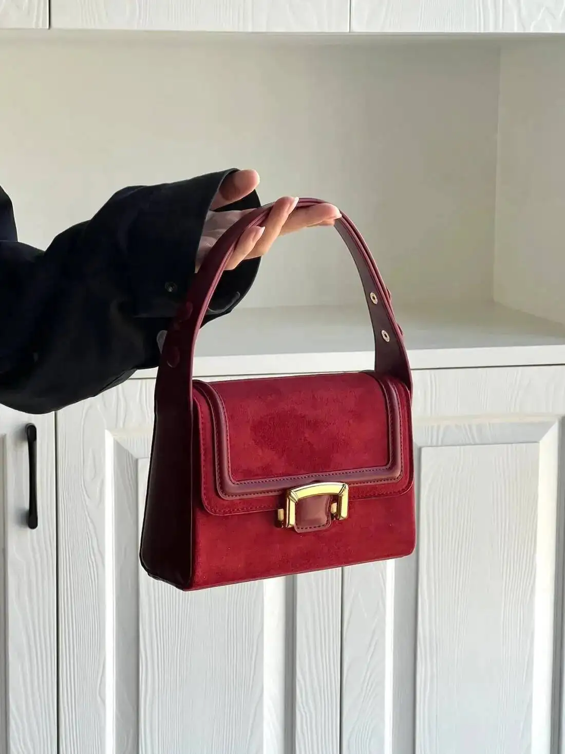 Bloom Vintage Red Shoulder Square Bag Women Retro Autumn Veet Chic Handle Handbag Female Elegant Versatile Purse 2024 New