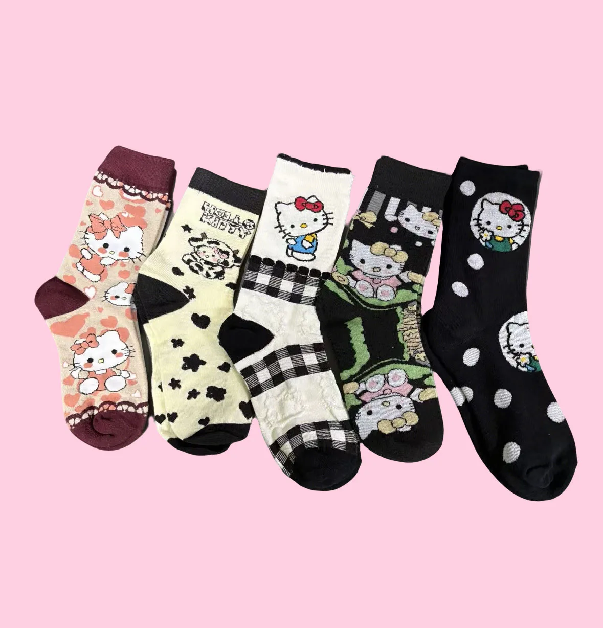 여성용 산리오 헬로 키티 만화 애니메이션 귀여운 종아리 중간 양말 1/5쌍