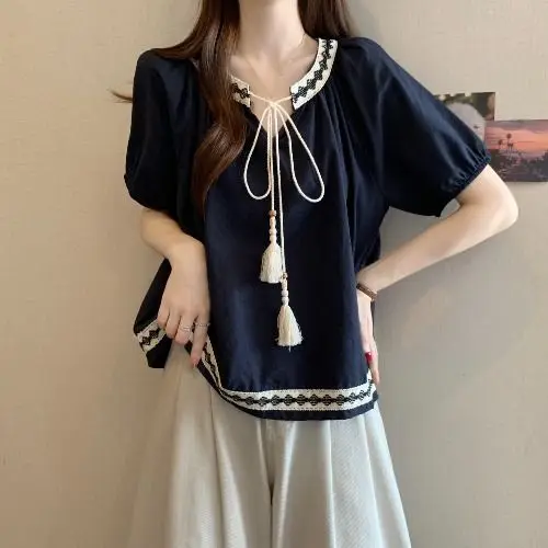

Ethnic-style Retro Embroidered Bow Tie Short-sleeved Shirt Women Summer Elegant and Stylish