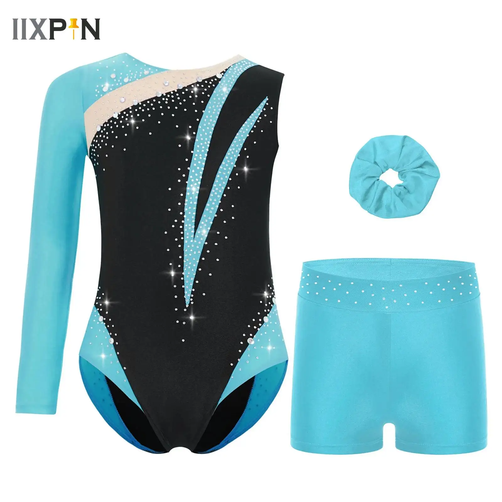 Kids Girls Ballet Dance Suit Gymnastics Jersey Shiny Rhinestones Leotard with Shorts Headwear Figure Skating Performance Outfit