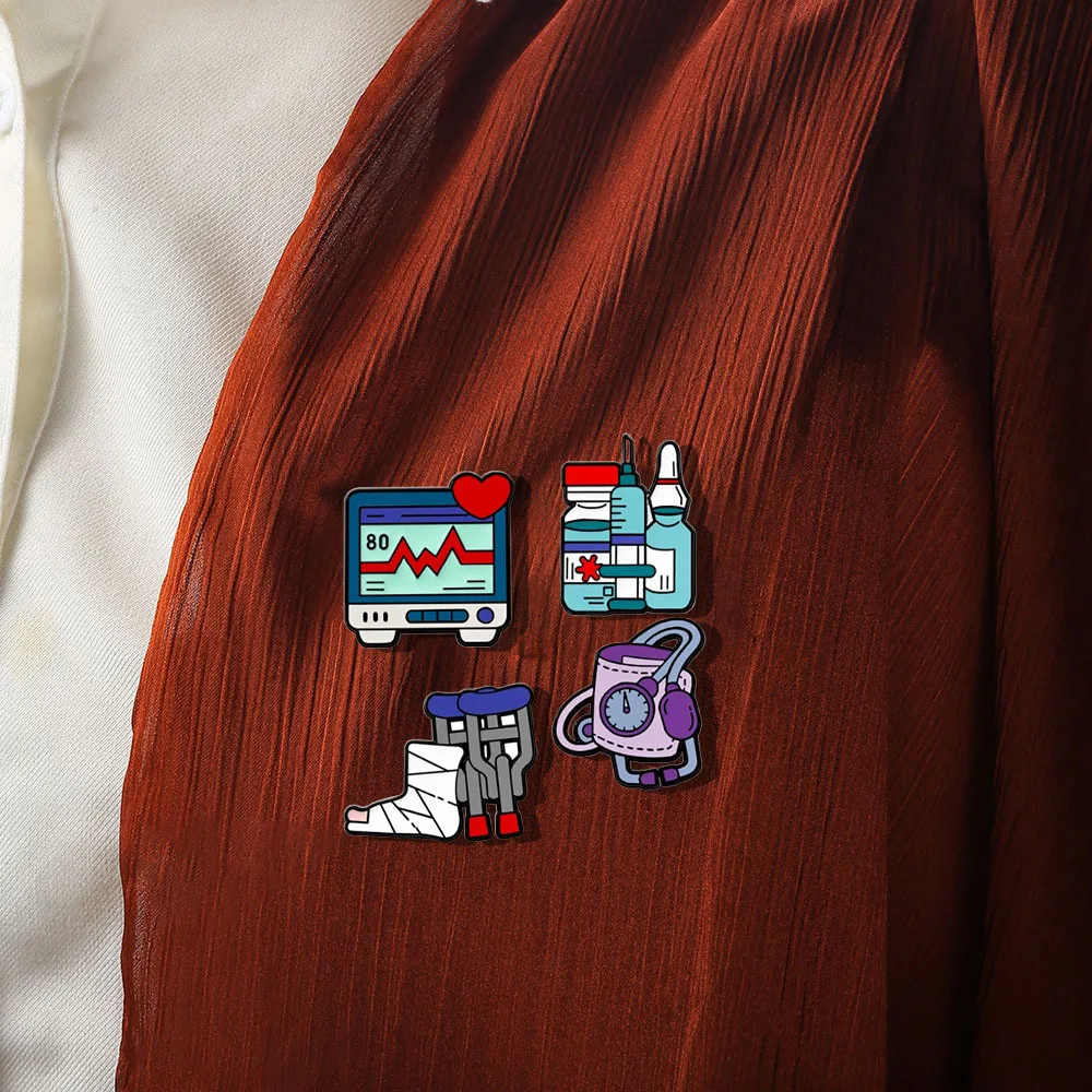 

Medical series metal badge cane electrocardiogram monitor injector blood pressure cartoon brooch