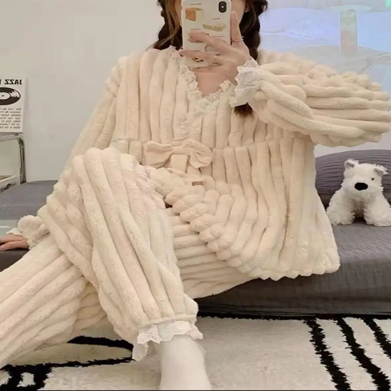 Luxuoso conjunto de pijama sexy simples renda feminina casa terno moda homewear coral velo pijamas inverno doce quente conjuntos completos