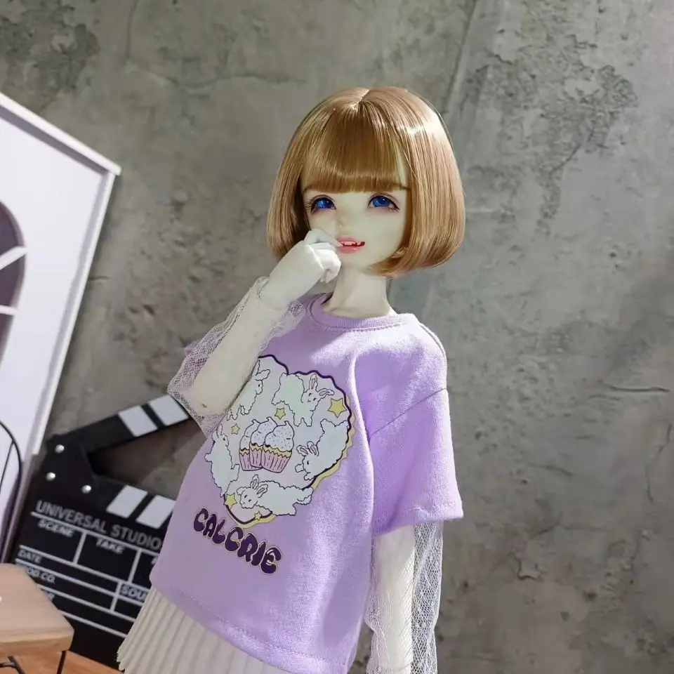 1/4 Doll's Clothes for Bjd Doll Casual Pleated Skirt Versatile Purple Printed T-shirt Changing Dress Up Toys Doll Accessories
