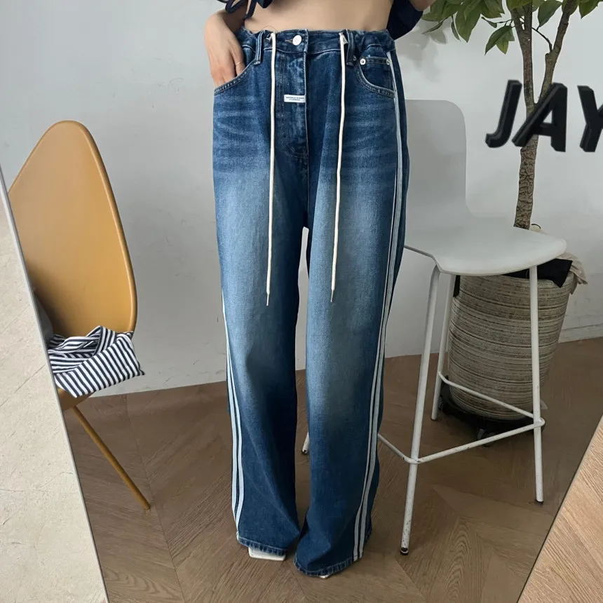 Retro jeans met hoge taille en wijde pijpen Dames Cool Pittig Faionable Distred Straight Vloerlengte Broek Dstring Zijstreep...