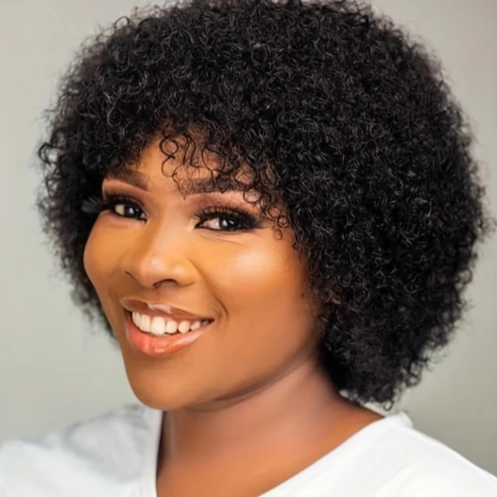 

Короткие афро-кудрявые парики из бразильских натуральных волос для женщин, полностью машинной работы, с челкой