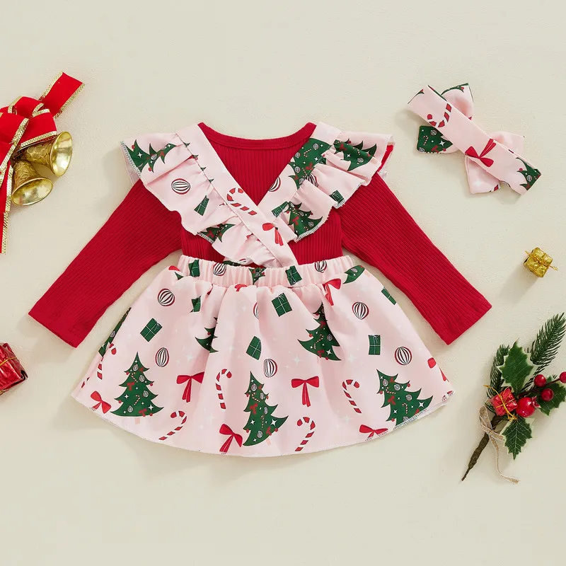 RUEWEY 0 to 18 Months Baby Girls Christmas Skirt Sets Long Sleeve Bodysuit+ Bow Suspender Skirt + Headband Set Newborn Clothes