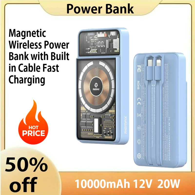 

10000mAh 12V 20W 22 5W Magnetic Wireless Power Bank with Built in Cable Fast Charging