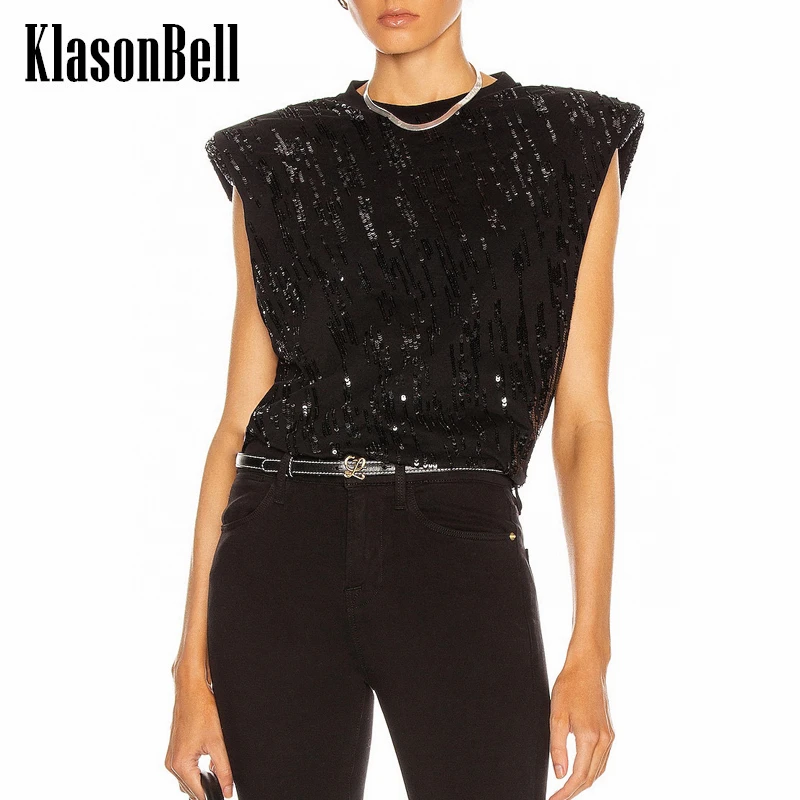 

5.27 KlasonBell Fashion Bling Sequins Embroidery O-Neck Shoulder Pads Tank Tee Women Comfortable Breathable All-matches T-Shirt