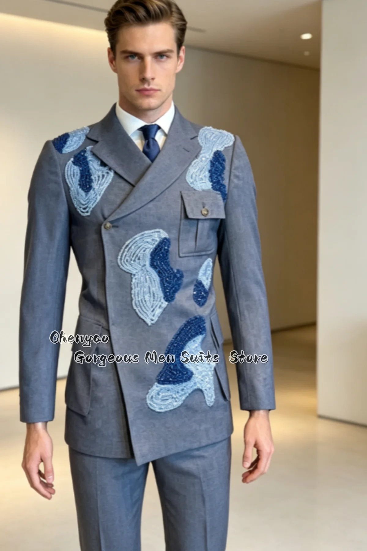 Luxury Custom Men Suits Irregular Crystal Beaded Embellishment Slim Groom Tuxedos Wedding Party Male Blazers 2Pieces Ropa Hombre