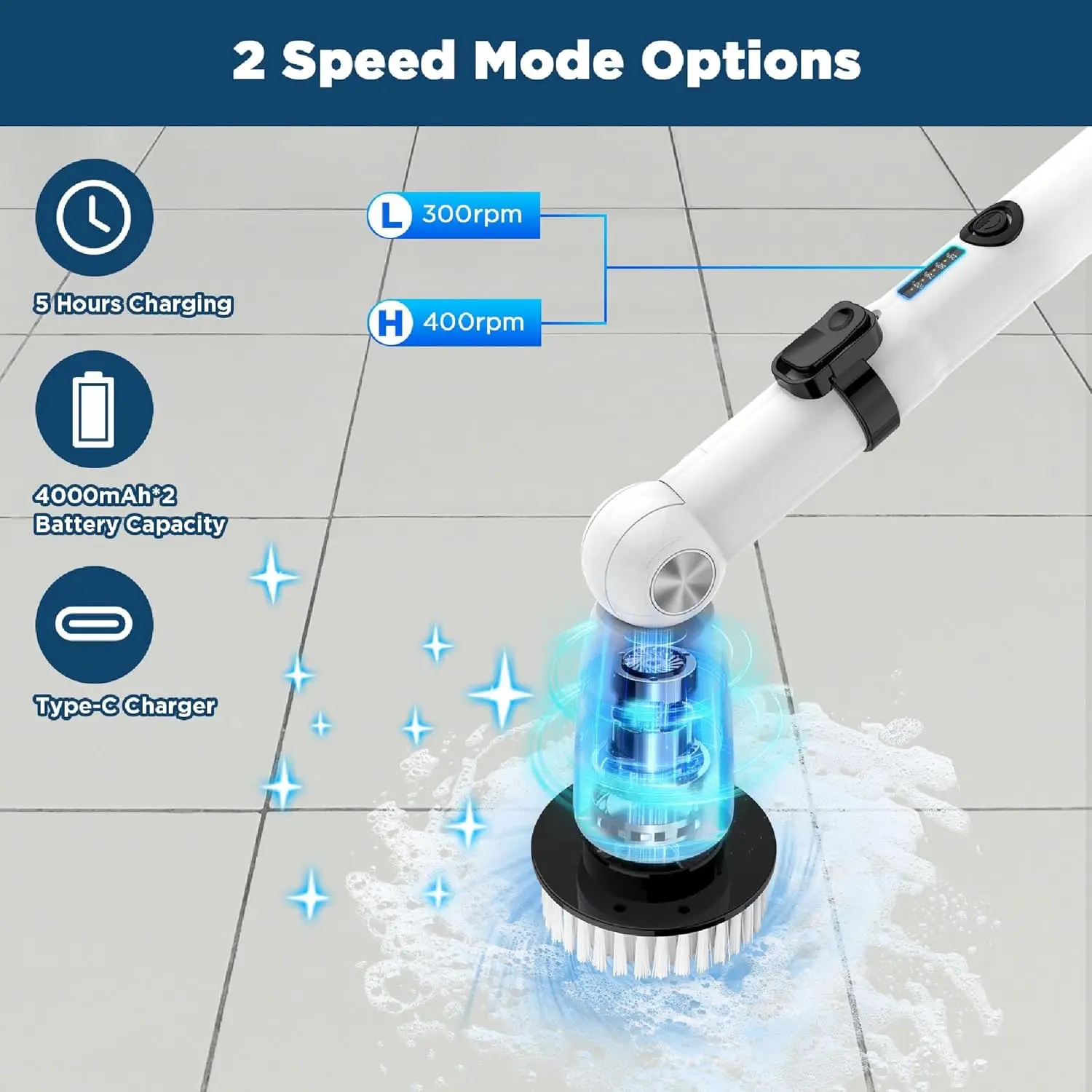 منظف دوار كهربائي مع 4 رؤوس، مقبض قابل للتمديد، سرعة مزدوجة، شحن USB-C - للاستحمام، حوض الاستحمام، البلاط، الأرضية #5