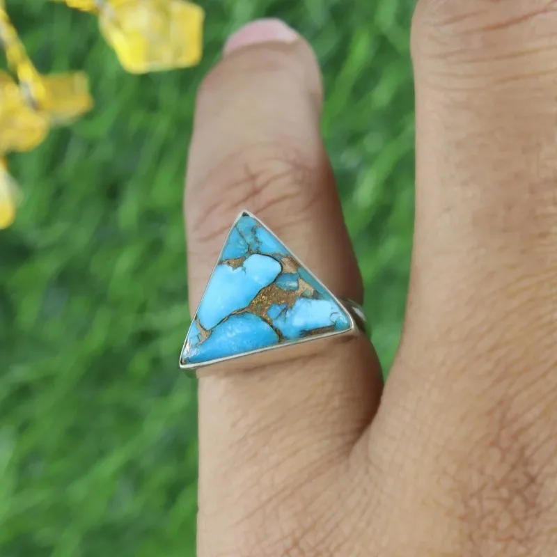 Vintage Ethnic Simple Triangle Geometric Faux Turquoise Ring Women Bohemian Personalized Party Jewelry Accessories