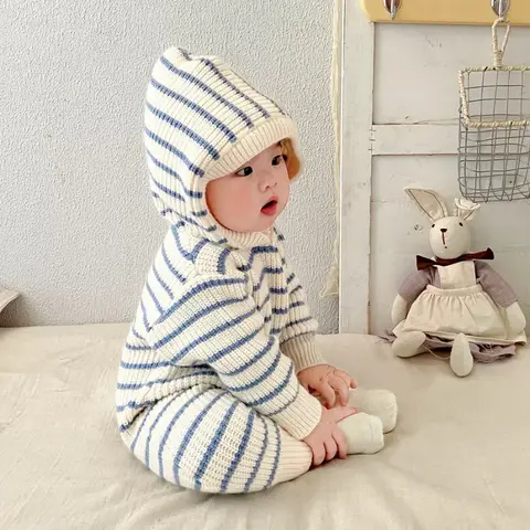 New Korean Style Baby Clothing Fashion Casual Soft Comfortable Knitwear Top Winter New Boys Girls Baby Thick Striped Romper