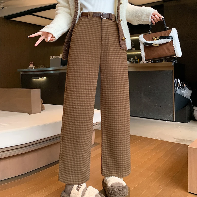 Wool Blend Ankle-length Pants Women High Waist Wide Leg Straight Pants Autumn Winter Warm Thick Plaid Pants Fashoin Boot Pants