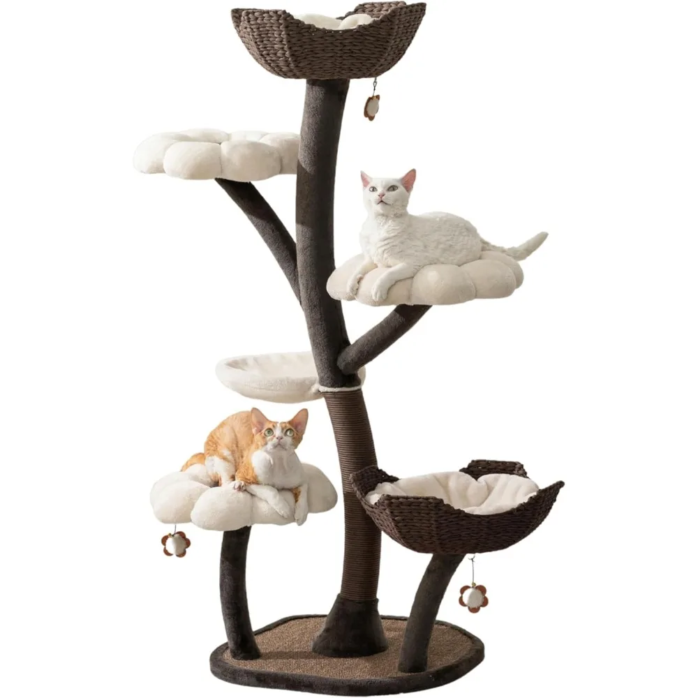 

59" Flower Cat Tree with Replaceable Flower Perches and Scratching Posts,Handwoven Baskets with Washable Beds,Durable Iron Frame