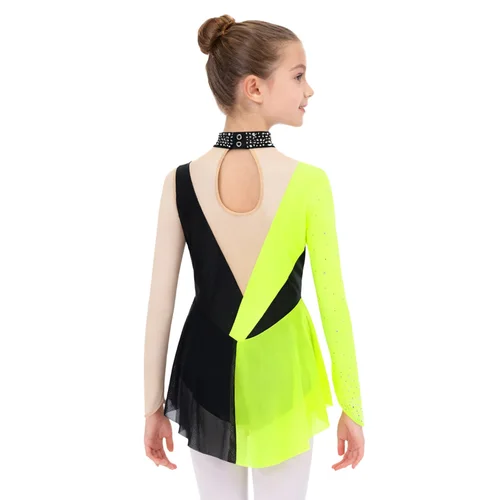 Imagen 2 del producto Vestido de baile de patinaje artístico para niñas, leotardo de gimnasia rítmica, mono de manga larga de retales de malla transparente con diamantes de imitación brillantes