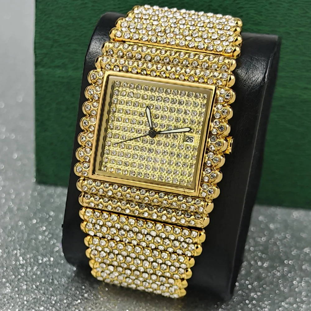 Men's New Hot Sale Hip-Hop Diamond Studded Starry Quartz Watch with Rectangular Butterfly Clasp Waterproof