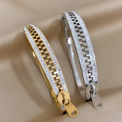 Luxury Zipper Style Stainless Steel Waterproof Bracelet Unique Inlaid Rhinestone Gold Plated Bangles Bracelets for Women Men