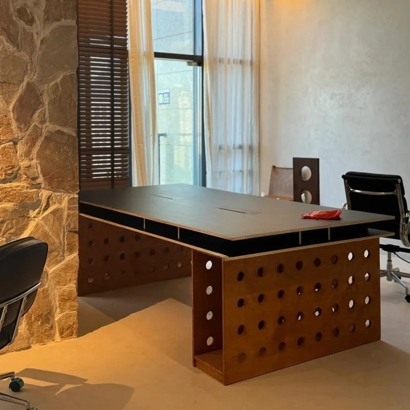 

Black desk, solid wood hole table, workbench birch board table