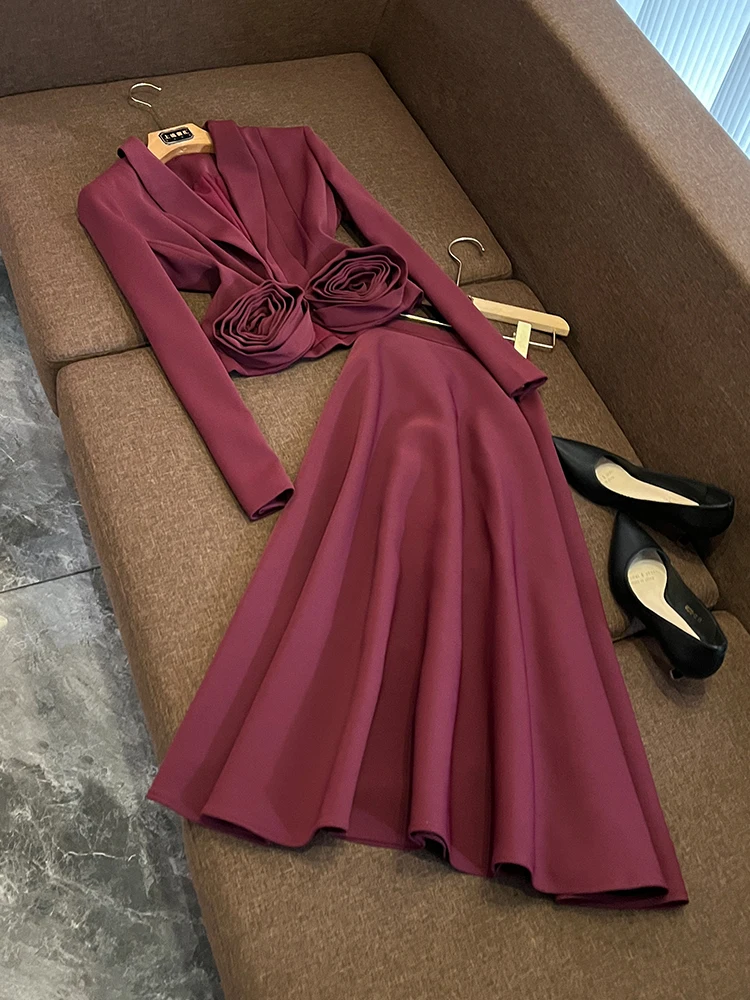 

ort Trimmed Rose Patterned Deep V-Ne Autumn Winter Pure Color Women's Faion Suit Jaet Chinese Sle Commute Wind