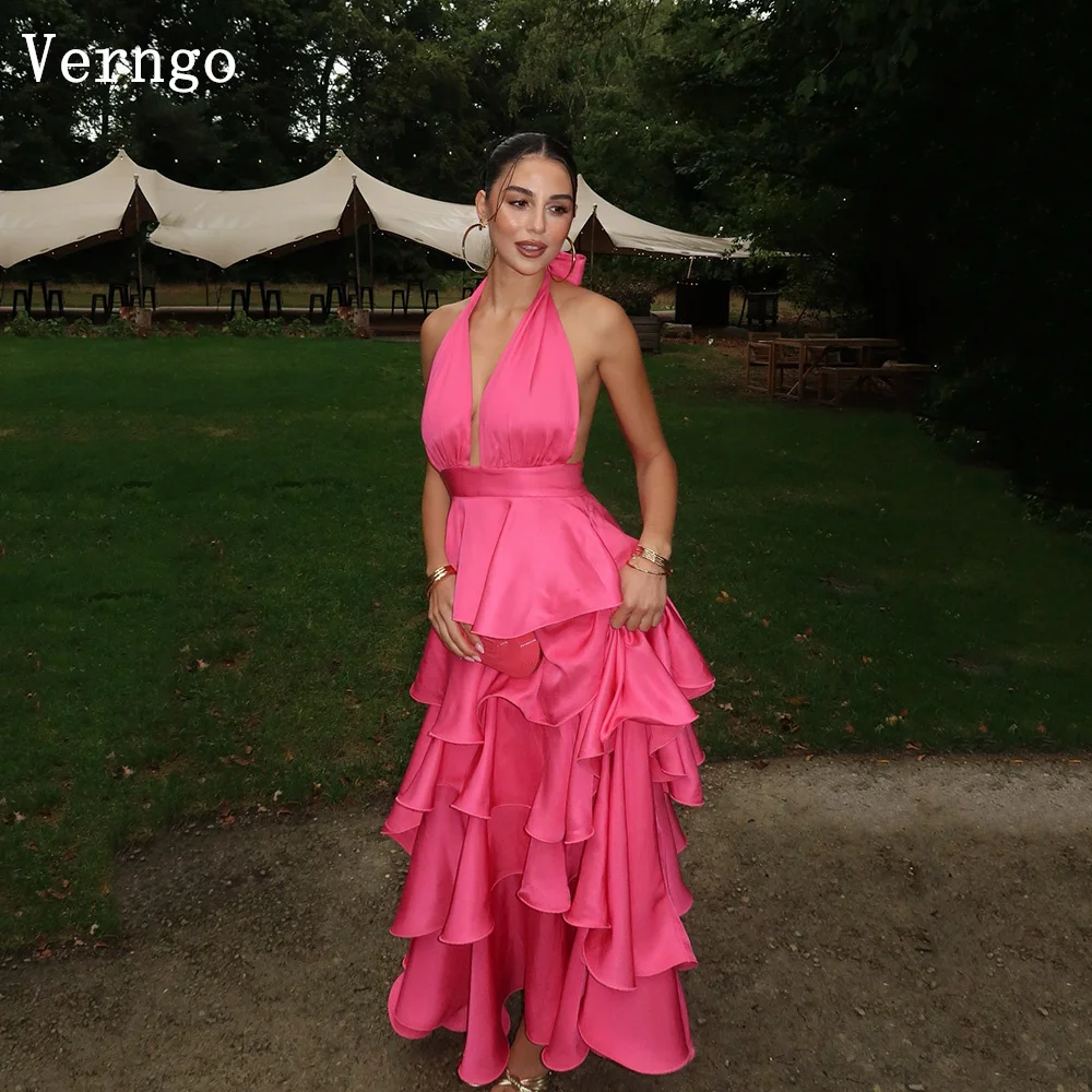 

Verngo Pink Satin Evening Dress Halter A Line Tiered Prom Gowns Sexy Backless Maxi Formal Occasion Dresses Customized