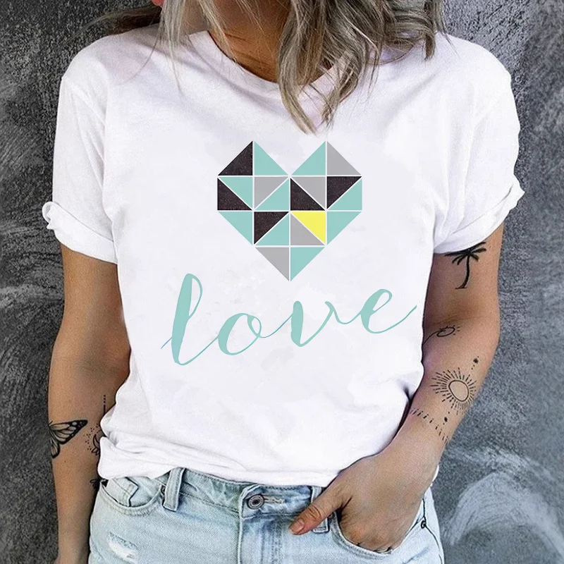 Women's Short-sleeved  Fashion Love Graphic Printed Round Neck T-shirt Women Clothes  Harajuku  Summer polyester fabric