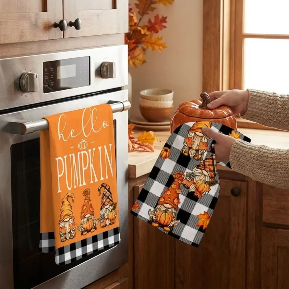 2Pcs Soft Absorbent Fall Gnome Dish Towels Maple Leaf Autumn Harvest Kitchen Hand Towels Thickened Quick Dry