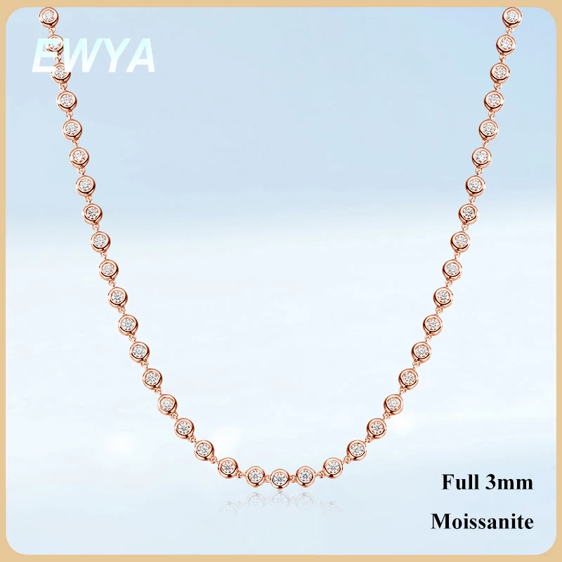 

EWYA Bezel Bubble All 3mm 0.1CT D Color Moissanite Tennis Chain for Women 925 Silver Plated 18K Rose Gold GRA Certified Necklace