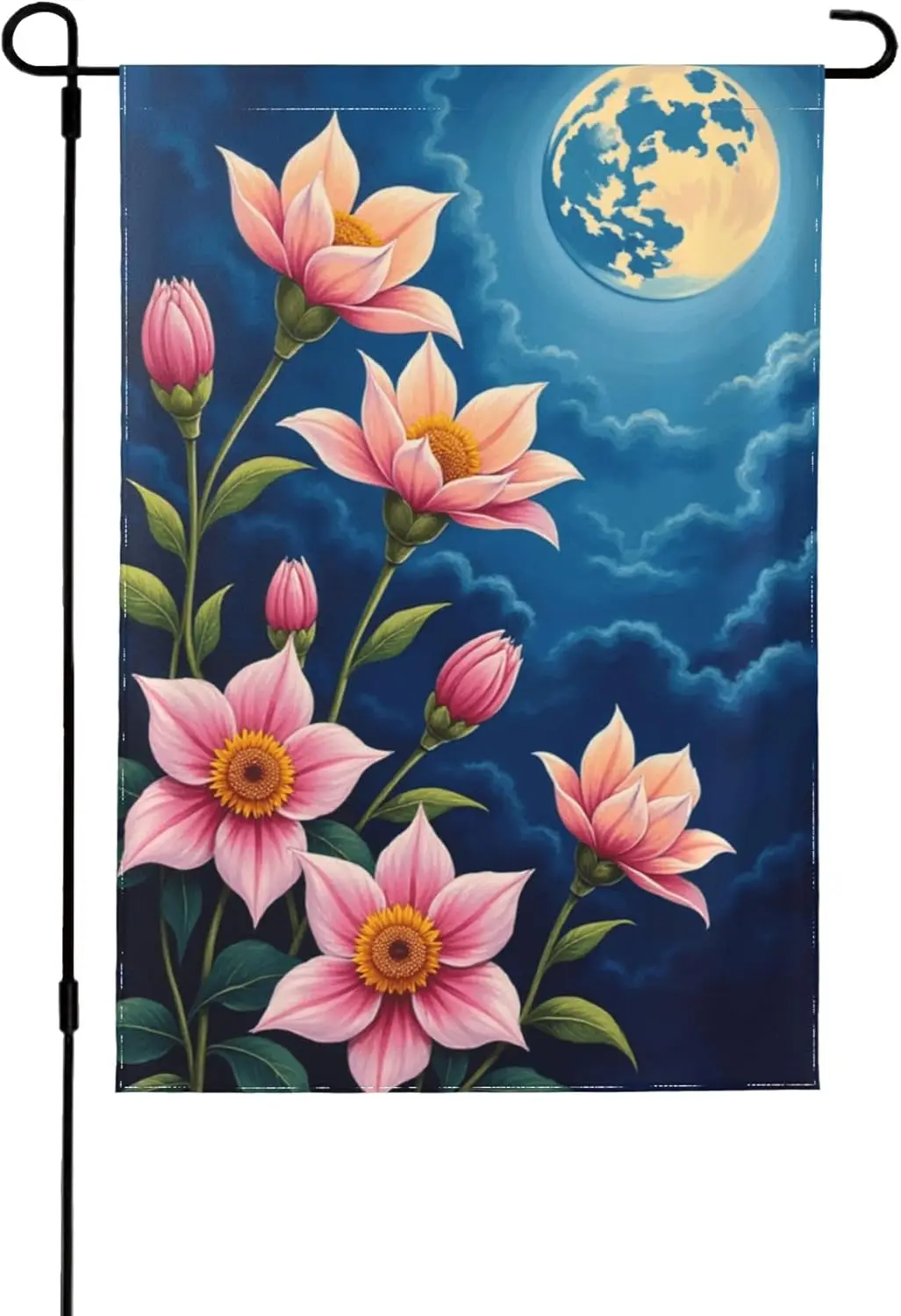Moonlight Dahlia Garden Flag 12x18 Inch Double Sided Outdoor Yard Decor， Pink Flower Night Bloom Seasonal Farmhouse Flag for AAS