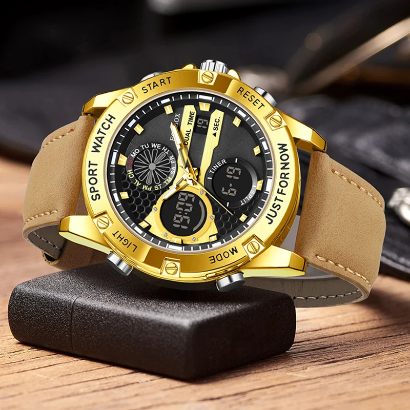 FOXBOX Top Brand Luxury Mens Watches Fashion Leather Analog Digital Watch For Men Casual Sports Waterproof Quartz Chronograph