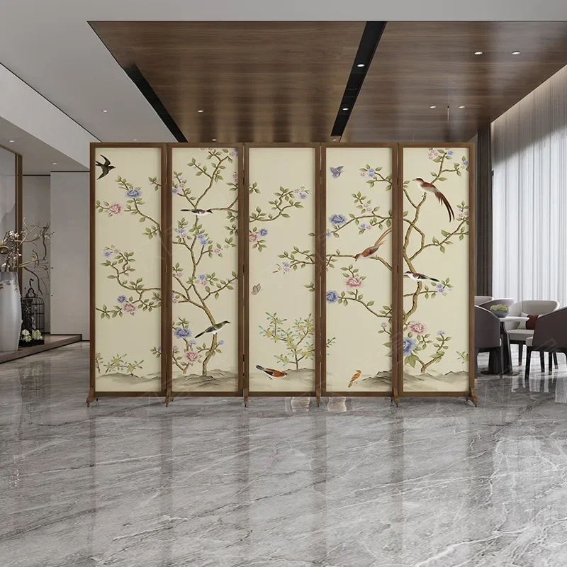 Screen partition living room bedroom office hotel light luxury modern folding mobile solid wood new Chinese folding screen flowe