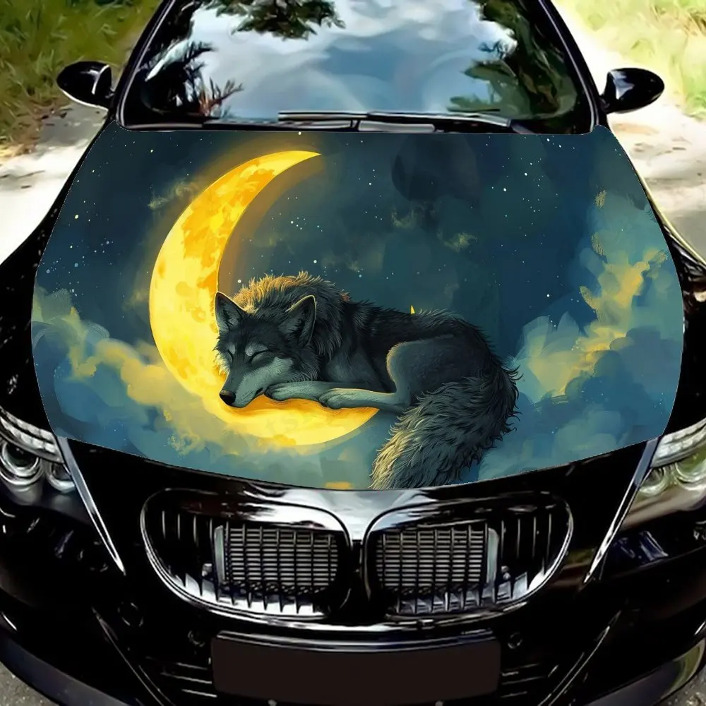 

Светящаяся наклейка на капот двигателя автомобиля в форме полумесяца и волка, водонепроницаемая самоклеящаяся виниловая наклейка для автомобиля, персонализированная авто E