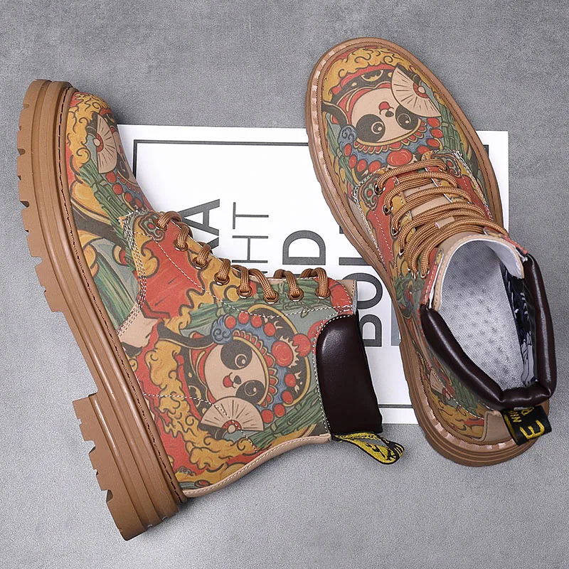 Chinese national treasure Panda Graffiti men\'s boots Leather casual punk cowboy motorcycle big yellow boots fashion boots