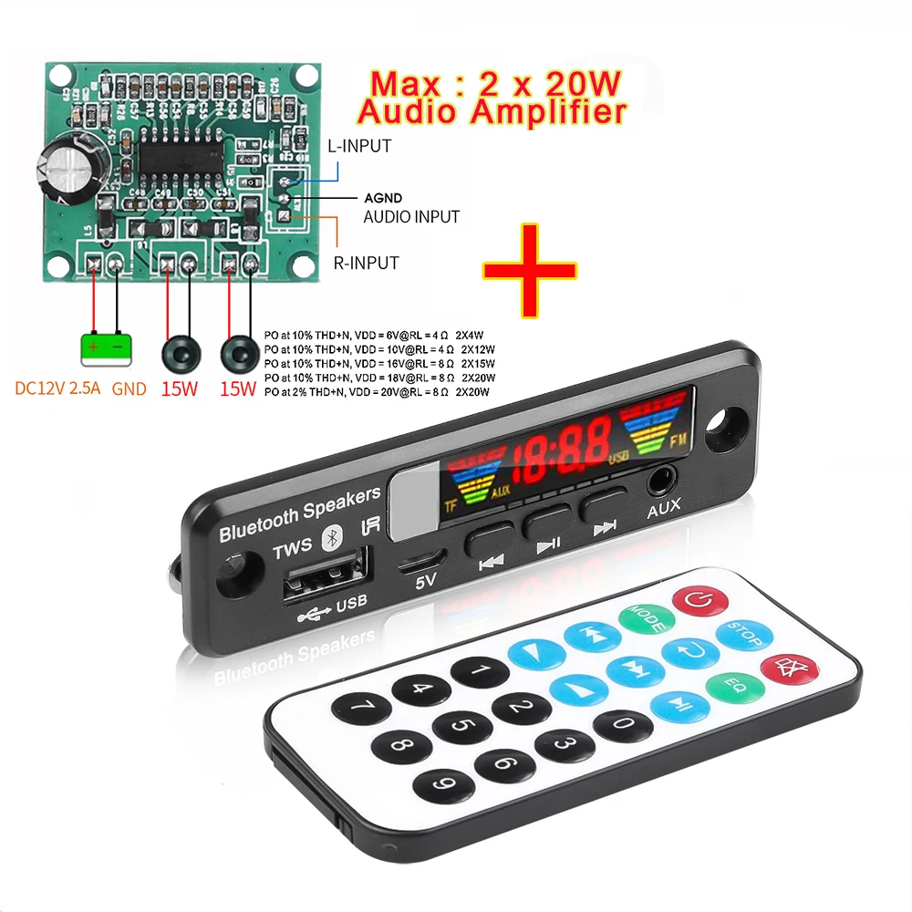 TWS Bluetooth 5.0 APE/MP3 Decoder Board 5V Wireless FM Radio MP3 Player Support TF Card USB AUX Audio Decording Board Handsfree