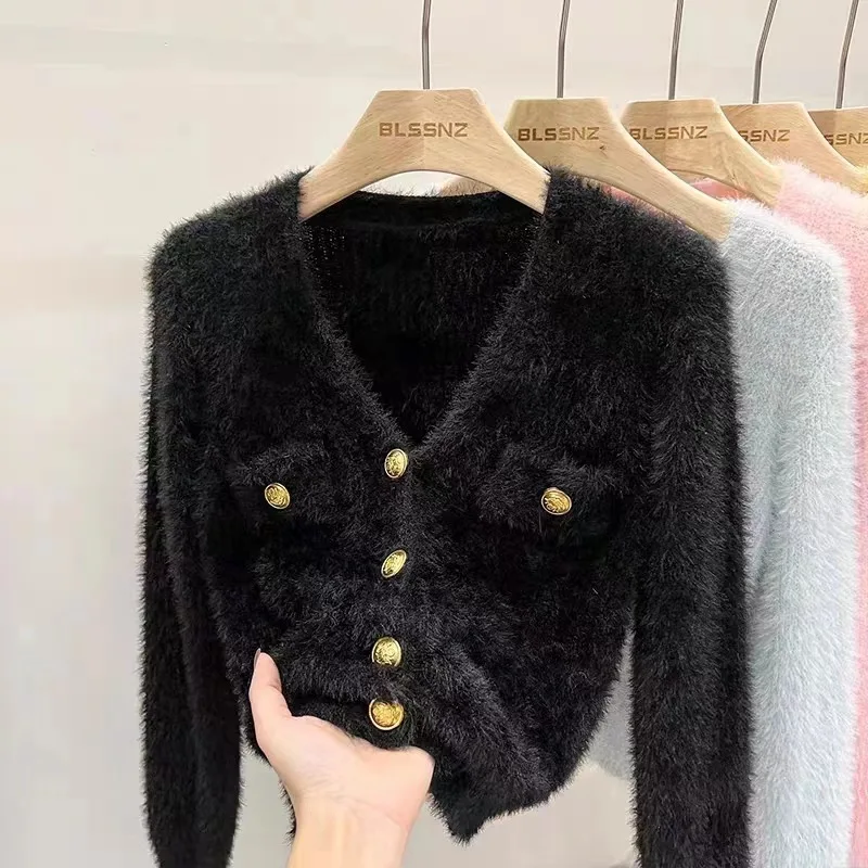 Fashion Mink Cashmere Cardigan Women Vintage Button Cropped Knitted Sweater Autumn New V-neck Solid Elegant Pink Cardigan