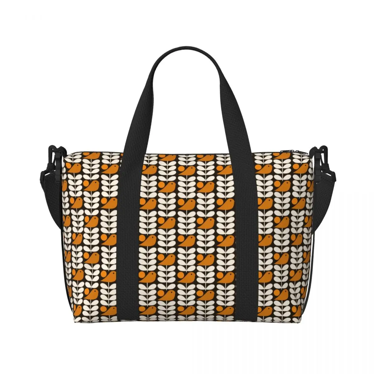 Custom Large Multistem Birds Black White Orange Tote Bag Women Orla Kiely Scandi Shopping Shoulder Gym Beach Travel Bag