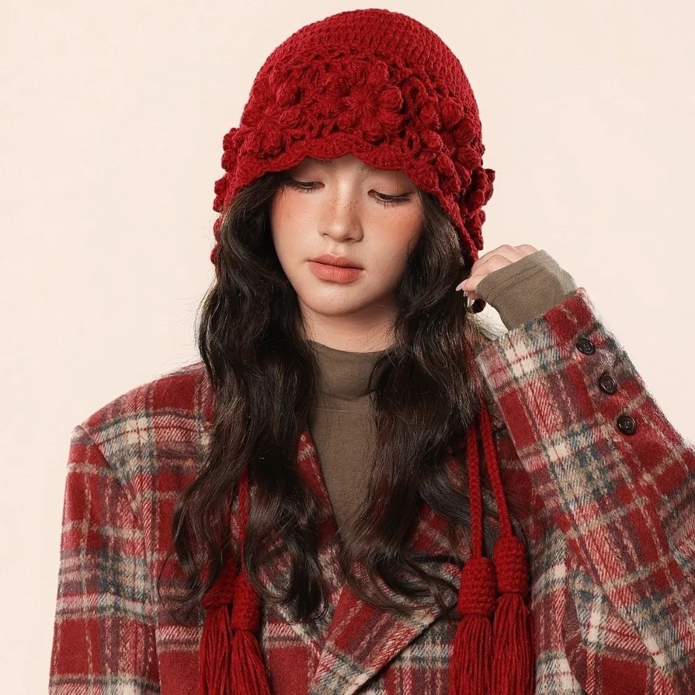 Fashion Flower Pullover Knitted Hat Hollowed-out Handmade Woven Bonnet Hat Comfortable Long Tassel Earmuffs Cap Gift