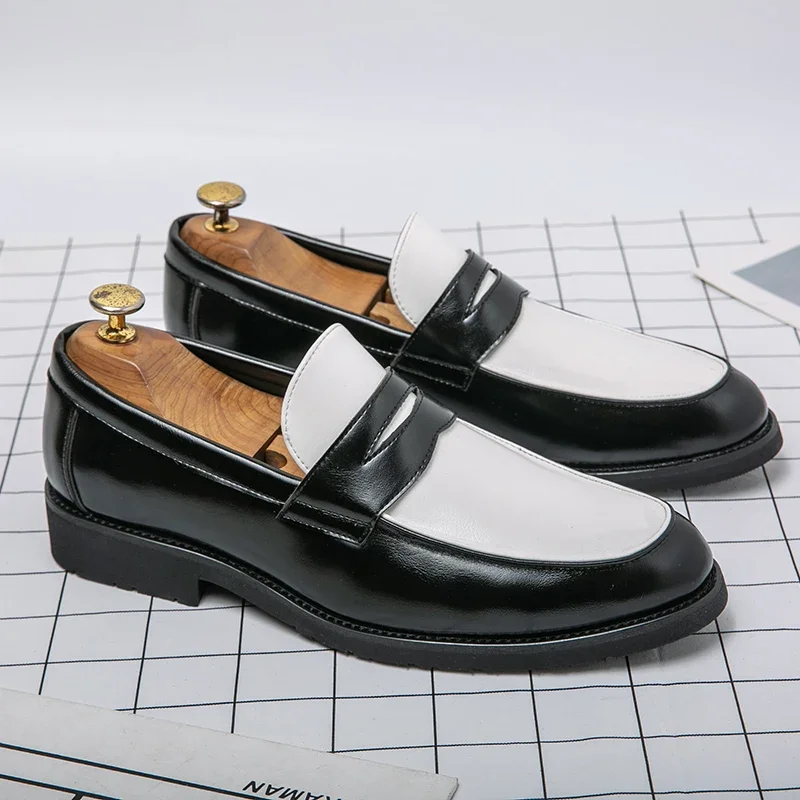 

Italian Luxury Brand Loafers Men's Black and White Color Leather Shoes Slip-on Fashion Soft-soled Casual Shoes Wedding Moccasin