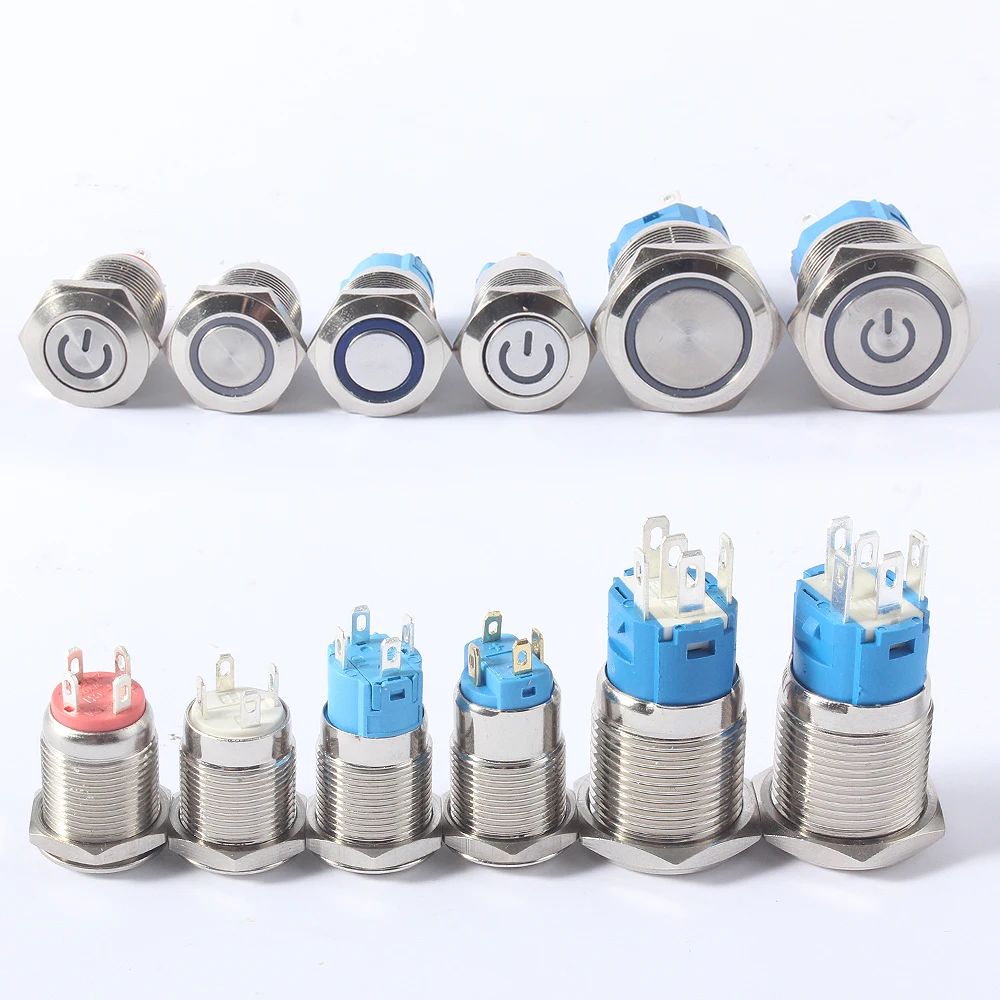 1 pc 12/16/19/22mm Metal Push Button Switch Power Waterproof Flat Circular LED Light Self-lock self-reset 1NO1NC 220V 12V/24VDC