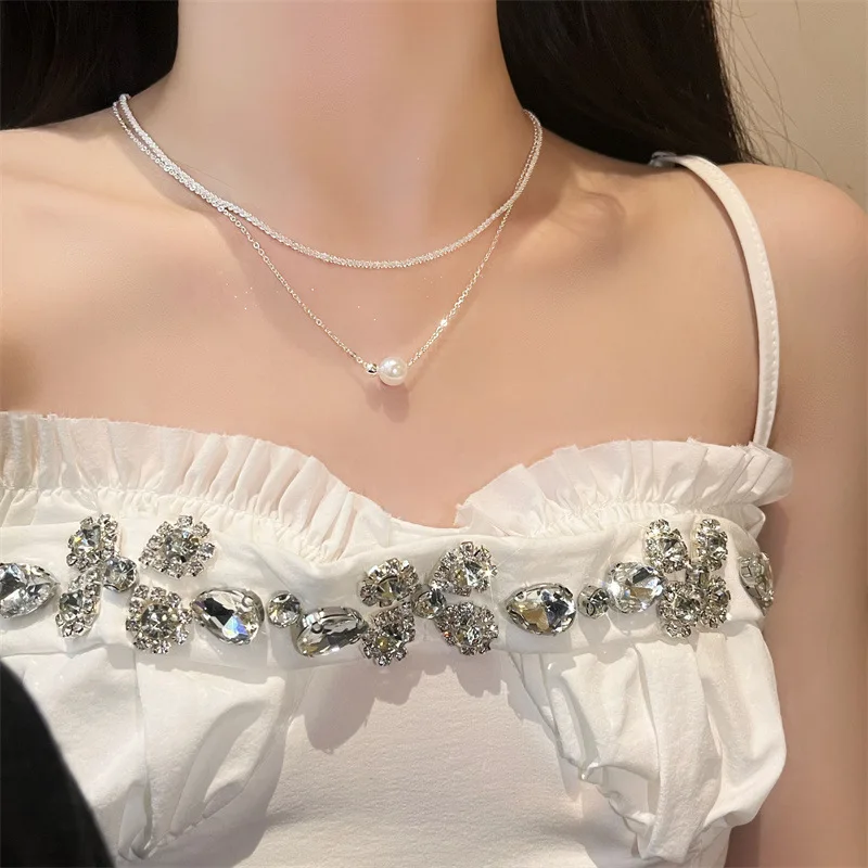 Christmas 925 Sterling Silver Double-layer Layered Pearl Necklace for Women Sparkling Collarbone Chain Original Design Jewelry