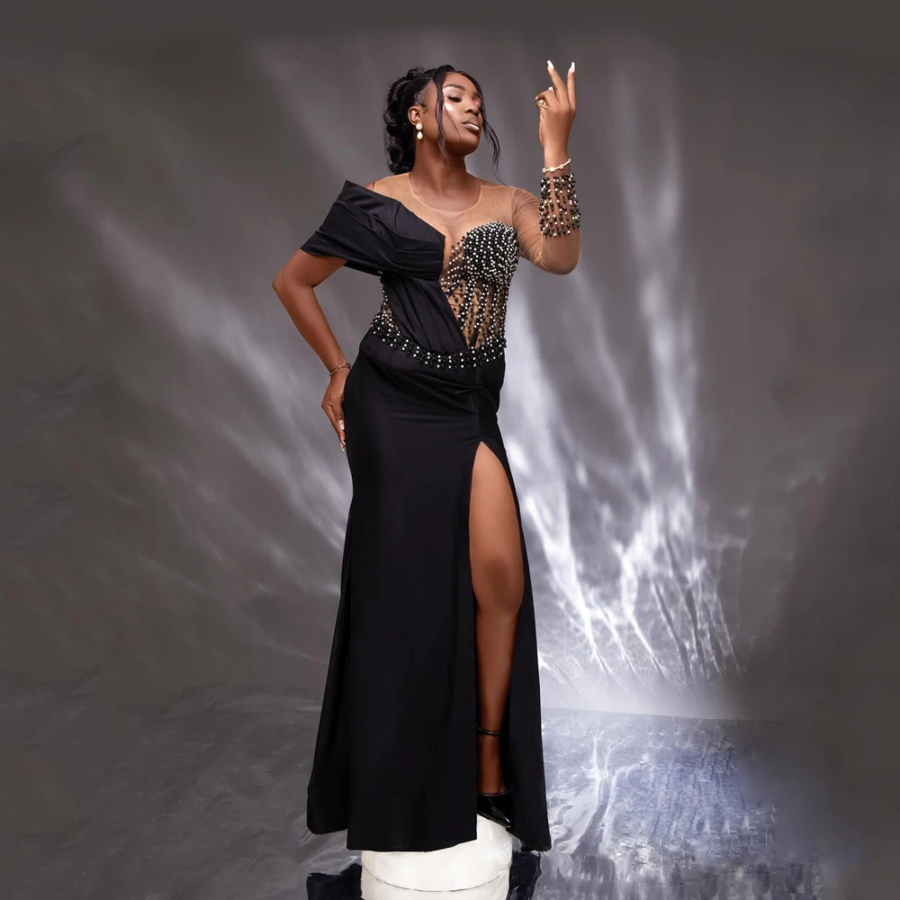 

One Shoulder Satin Evening Dresses Full Sleeves Mermaid Beading Side Split Corset Formal Occasion Dresses Party Gowns Customized