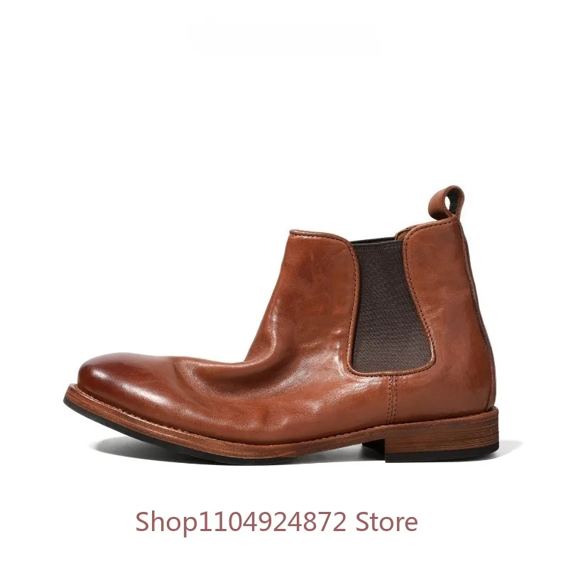 Designer Vintage Chelsea Boots Men's Handmade Work Genuine Leather Side Elastic Slip on Business Casual Ankle Boots Male Shoes
