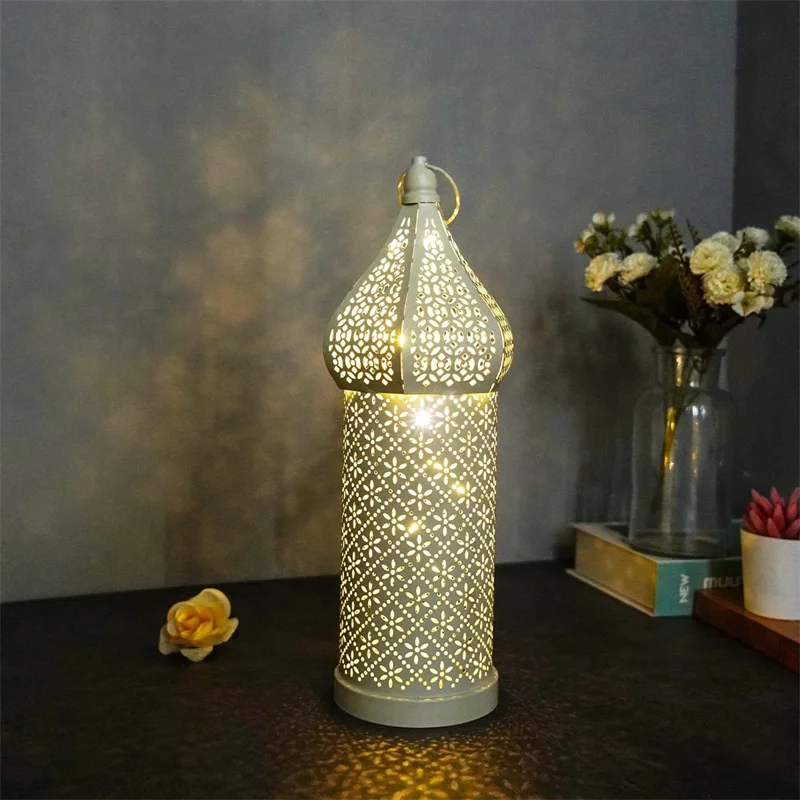 Moroccan Hollow Wind Lamp Metal Vintage Lantern Home Table LED Night Light for Eid Mubarak Ramadan Kareem Party Decoration Gift