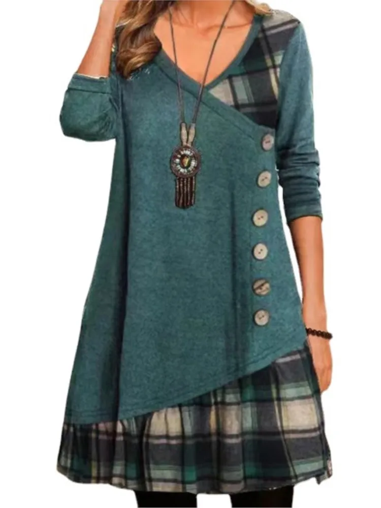 Autumn Winter New Women\'s Sexy V-neck Fashionable Checkered Patchwork Button Long Sleeved Irregular Casual Comfortable Dress