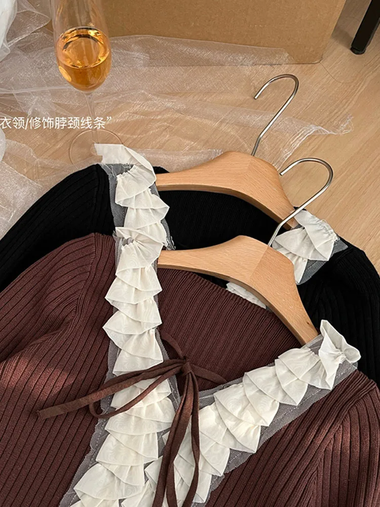 French Elegance Fashion Simple Ruffle Knitted Sweater Daily V-Neck Long Sleeve Chic Pullovers Lace Up Autumn Winter Streetwear