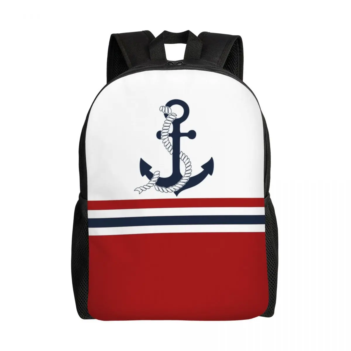 

Custom Nautical Blue Anchors With Stripes Laptop Backpack Men Women Casual Bookbag for School College Student Sailing Sailor Bag