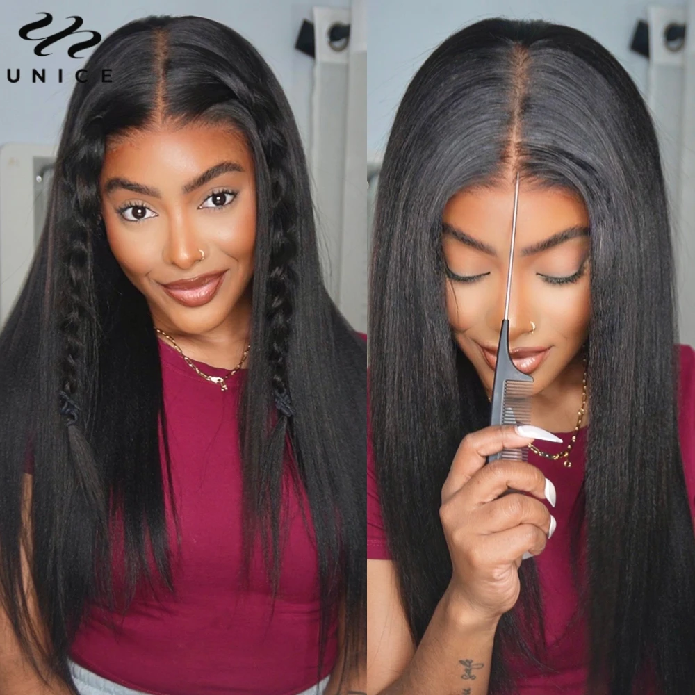 Wig Rambut Asli UNice Hair Natural Color Yaki Straight Pre Cut Pre Bleached 7x5 Lace Glueless Wig & V Part Wig 150% Density